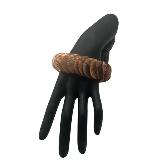 Abalone Shell Disc Stretch Bracelet Salmon Iridescent Elastic Circular Beads - Picture 3 of 4